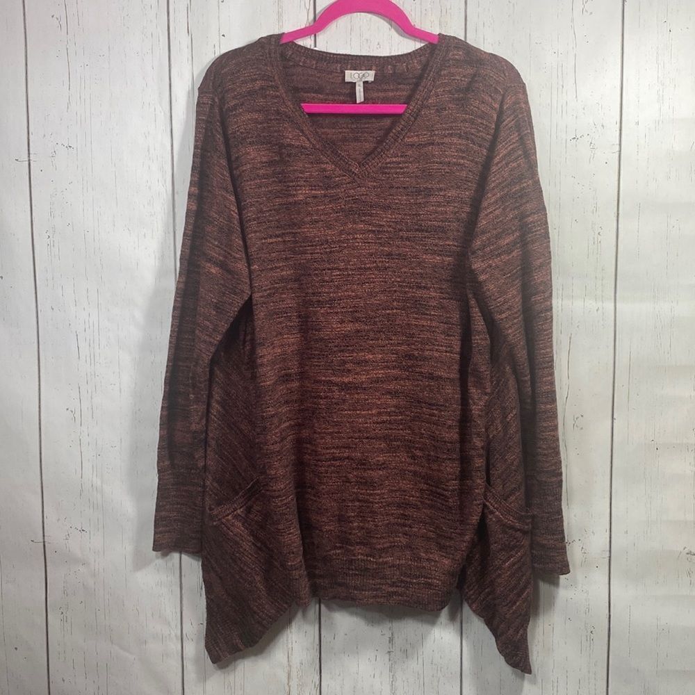 LOGO Lori Goldstein Knit V Neck Tunic Sweater Pockets Cashmere Blend Cozy Chic